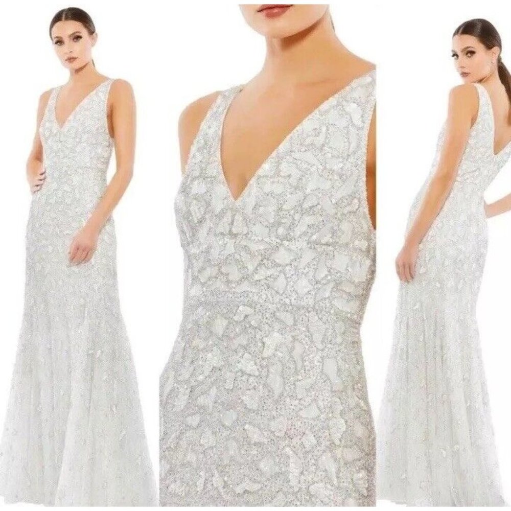 Mac Duggal Hand Embellished Beaded Gown With Train White 10814 Size 8 New